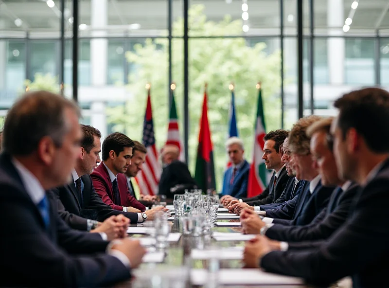 Image depicting a modern conference room with delegates from various countries engaged in discussion.