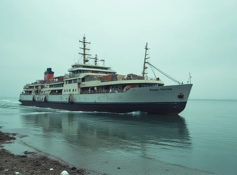 A large cargo ferry navigating the Caspian Sea, with visible low water levels along the shoreline.