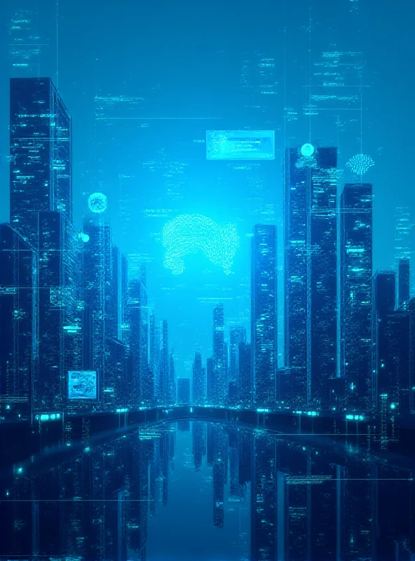 A futuristic cityscape with holographic AI interfaces overlaying buildings, symbolizing the blend of technology and regulation.