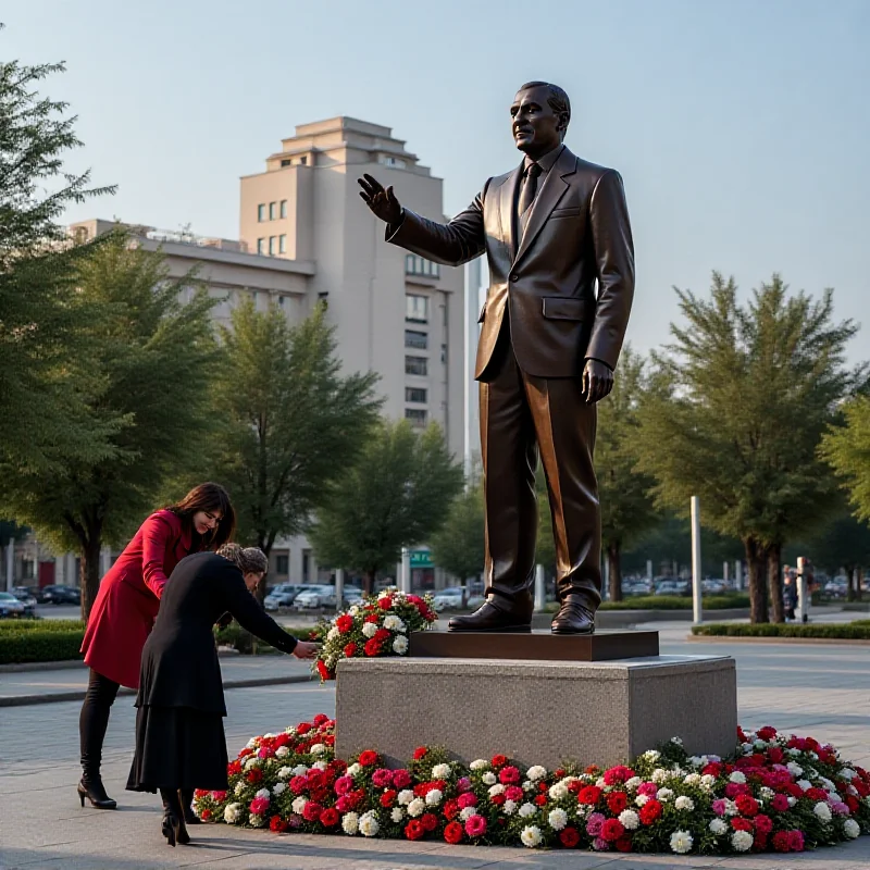 First Vice President Mehriban Aliyeva laying flowers at the base of a large, bronze monument of Heydar Aliyev in a public square in Ganja, Azerbaijan.