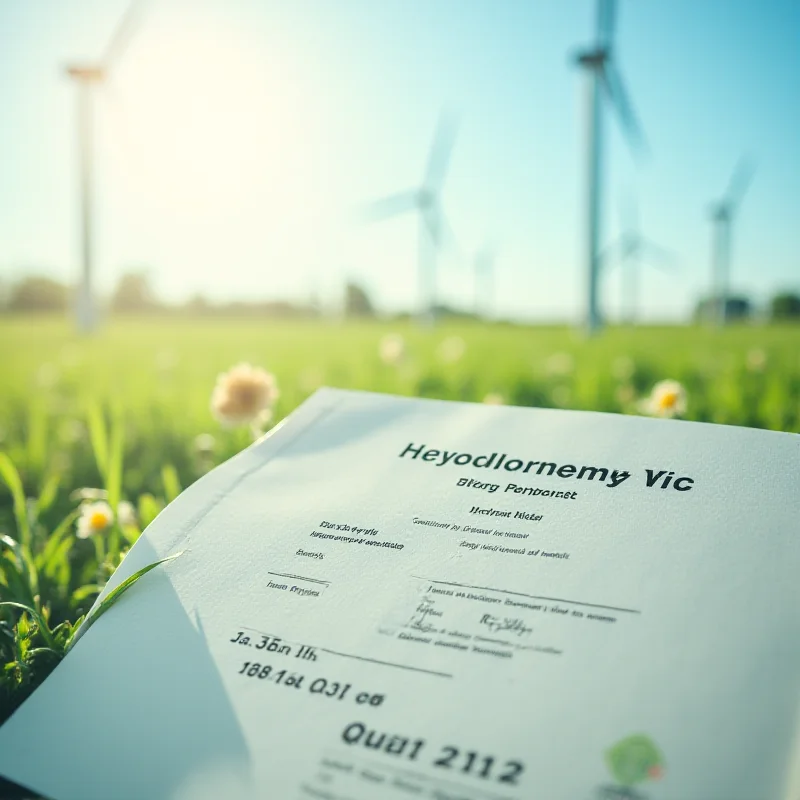 Close-up of a green energy bond certificate with wind turbines in the background.