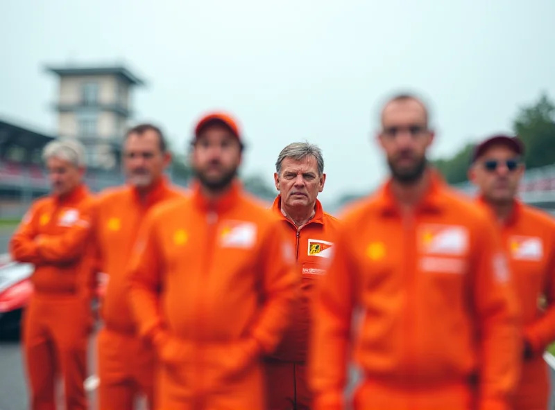 A group of race marshals standing trackside during an F1 race, wearing orange jumpsuits and looking focused. A Formula 1 car speeds by in the background, slightly blurred to convey motion.