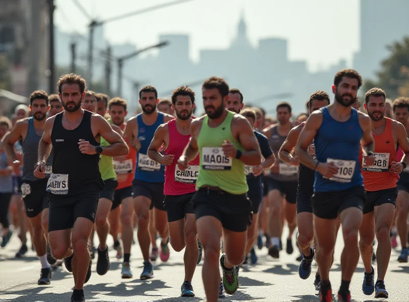 A diverse group of runners participating in a marathon, running through the streets of Baku, Azerbaijan. The city skyline is visible in the background, with modern buildings and historical landmarks. The runners are wearing athletic gear and showing expressions of determination and excitement.