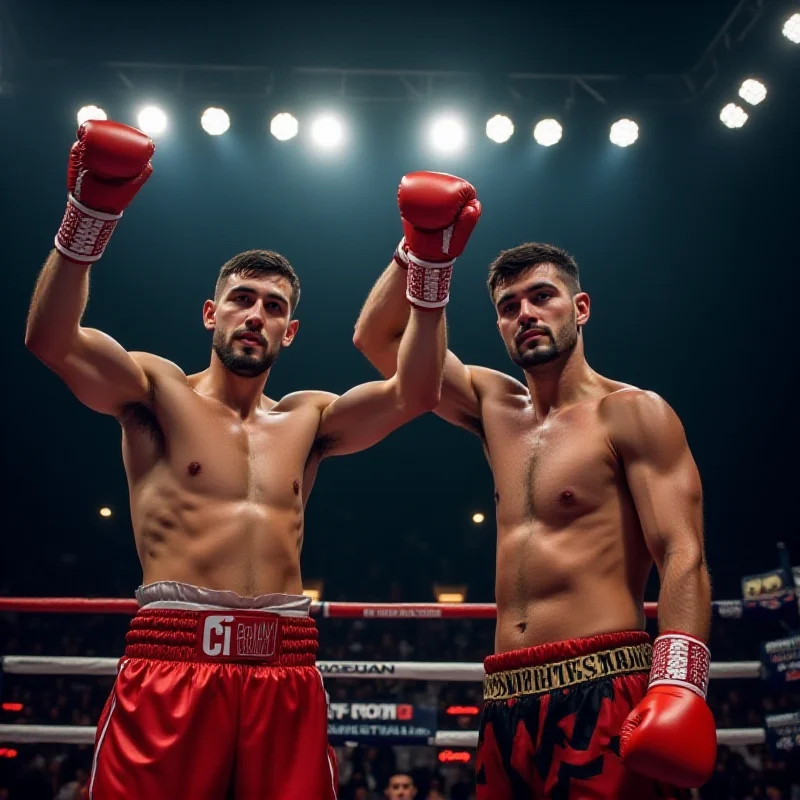 Two Azerbaijani boxers standing in a boxing ring, one raising his arms in victory while the other looks on with respect. The background shows a cheering crowd and bright lights. The boxers are wearing traditional boxing attire and displaying national pride.