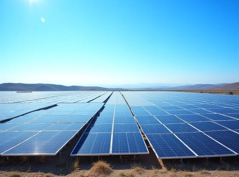 A field of solar panels under a clear blue sky in Azerbaijan. Rolling hills in the background, showcasing a sustainable energy landscape.