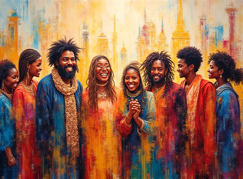 A vibrant painting depicting people from different cultures holding hands.