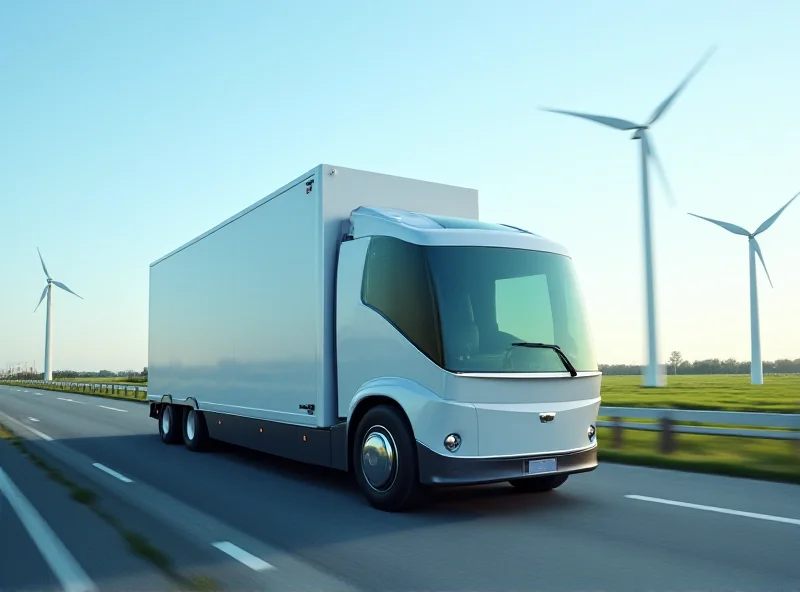 An electric truck driving along a modern highway with wind turbines in the background, symbolizing green transportation and sustainable energy.