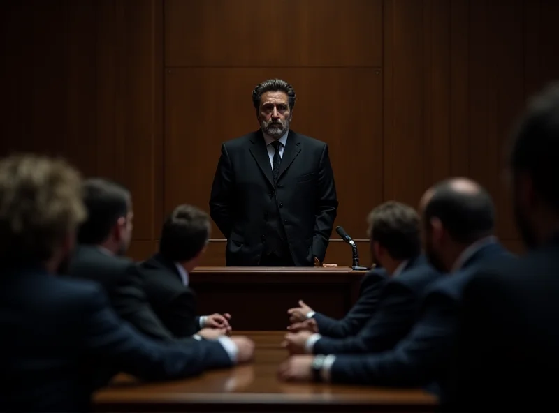 A courtroom scene with lawyers, a judge, and the defendant in the center, all looking serious.