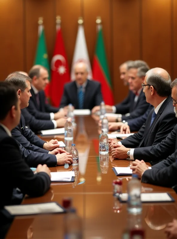 Two delegations sitting across from each other at a long table, engaged in discussion. Flags of Azerbaijan and Iran are subtly displayed in the background.