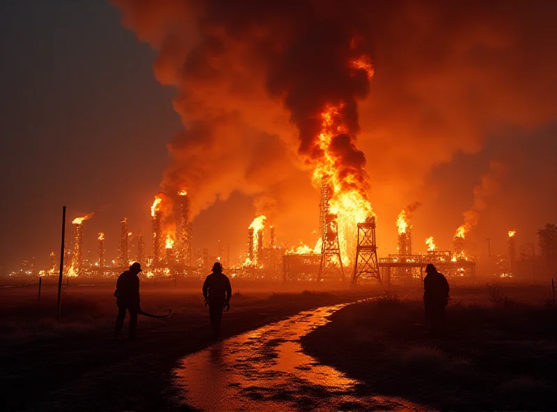 Firefighters battling a blaze at an oil refinery at night