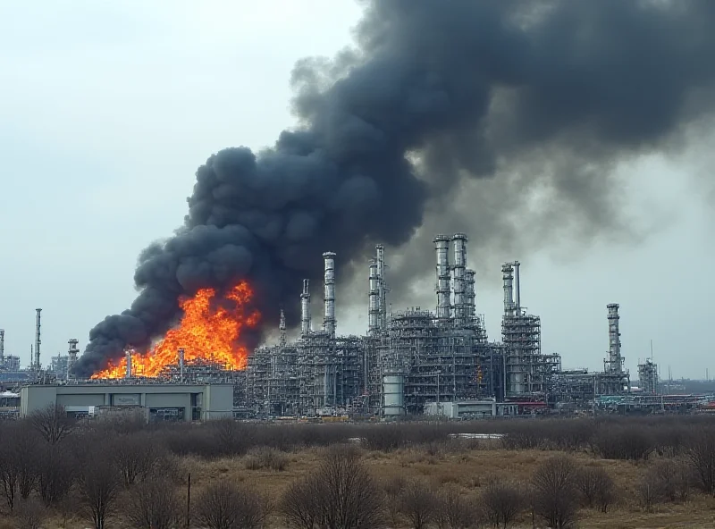 Smoke billowing from an oil refinery with fire visible.