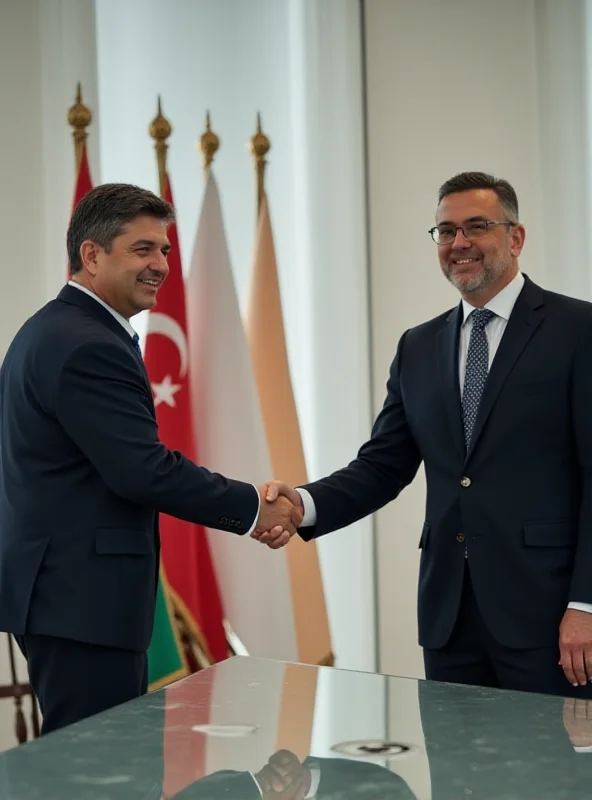 Two bankers shaking hands in front of their national flags.