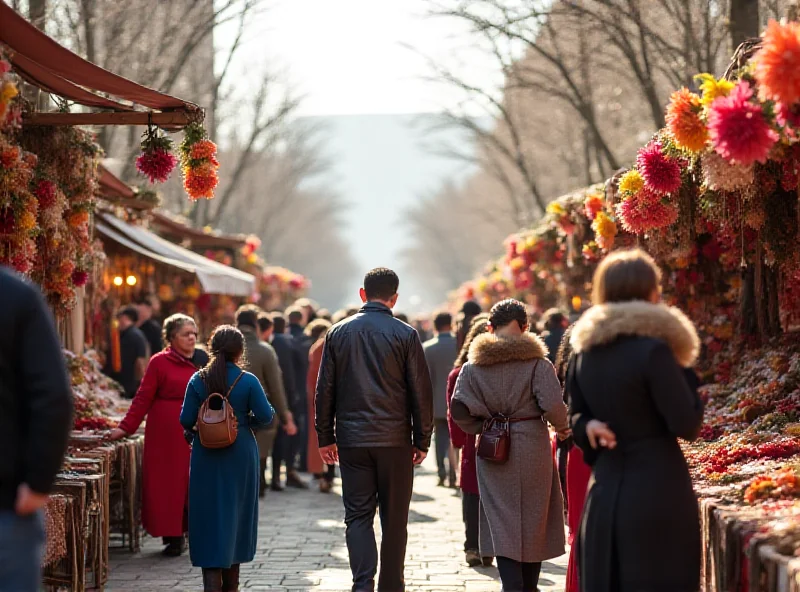 A colorful street fair with people celebrating Novruz in Baku.