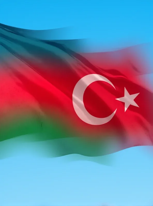 A split image showing the flags of Azerbaijan and Türkiye waving side-by-side, symbolizing the close relationship between the two countries.