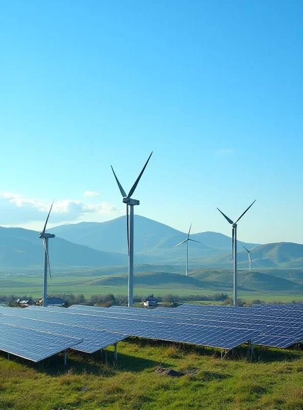 Wind turbines and solar panels in a rural Azerbaijani landscape, symbolizing renewable energy and climate goals.