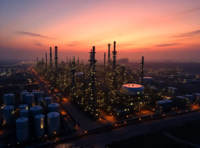 Aerial view of an oil refinery at sunset