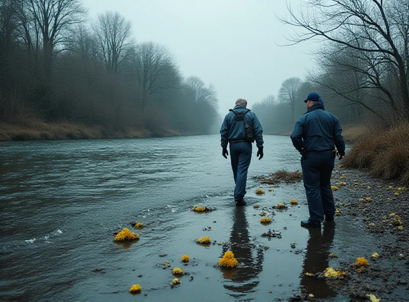 Police officers investigating near a riverbank, evidence markers visible.