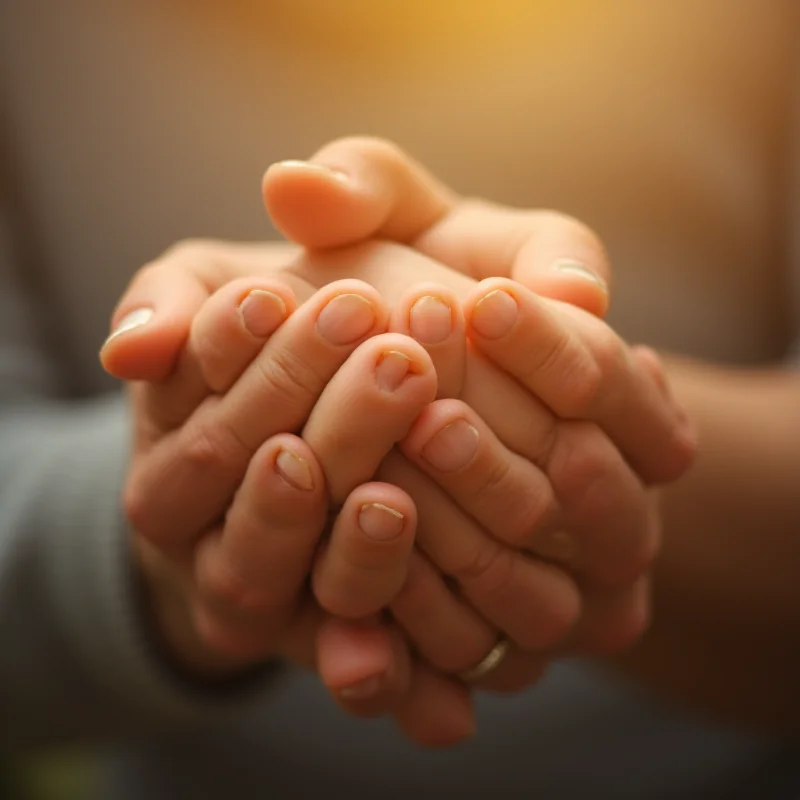 Close up of hands clasped together in support, soft focus background.