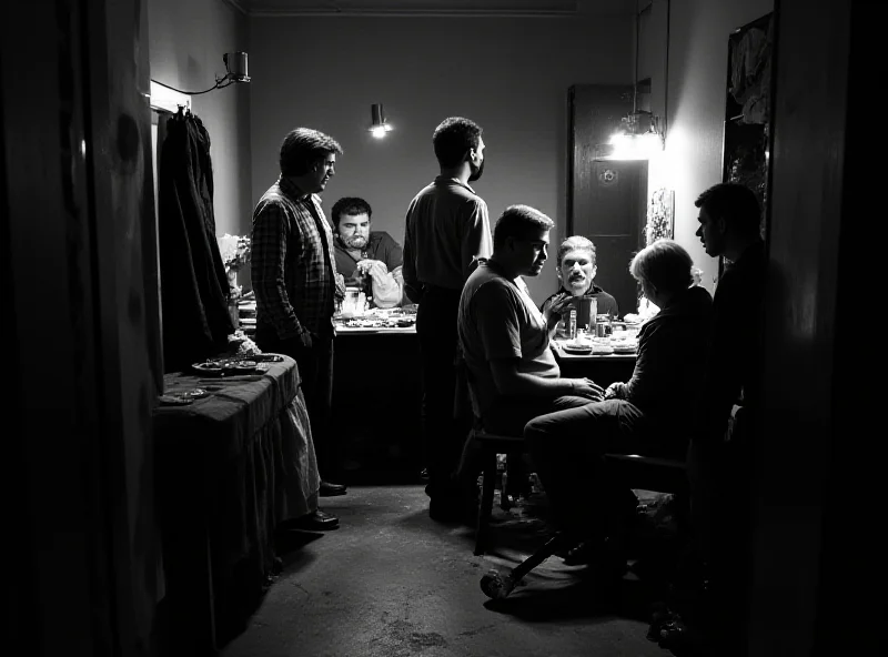 Black and white photograph of actors in a dressing room, chatting and applying makeup.