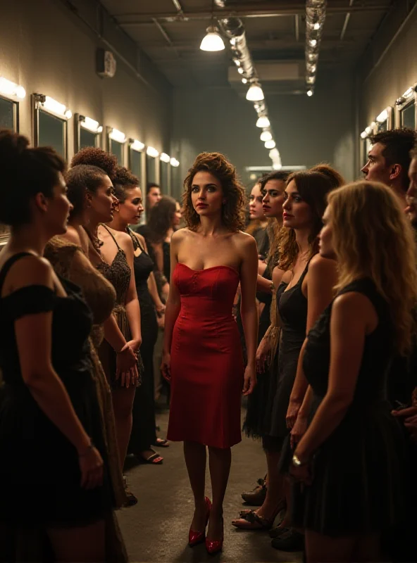 Colour photograph of Denise Gough surrounded by other actresses in a theatre dressing room.