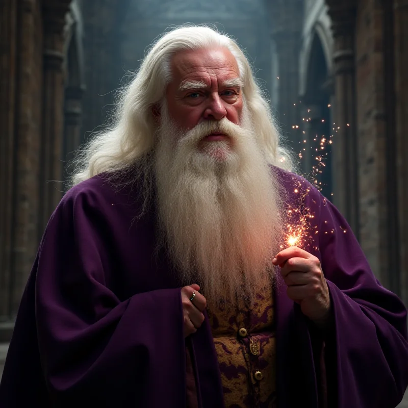 Digital art of John Lithgow as Albus Dumbledore, with a long white beard, wearing Hogwarts robes, and holding a wand.