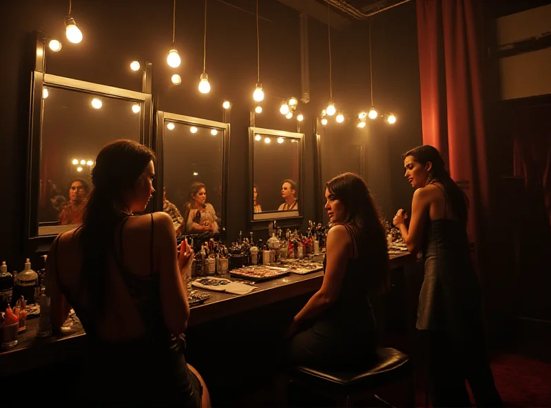 A candid backstage scene with actors in costume and makeup, preparing for a performance in a London West End theatre.