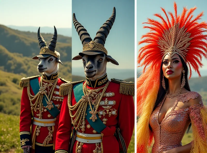 A regimental goat standing proudly with soldiers in ceremonial attire, a vibrant carnival queen adorned in colorful feathers and sequins, and a serene landscape scene with rolling hills and a clear sky.