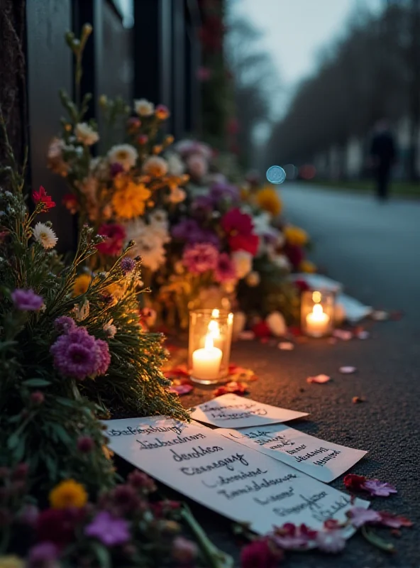 Mourners laying flowers at the scene of the car accident in Mannheim.