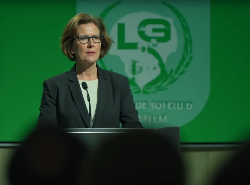 Annalena Baerbock speaking at a podium with the Green party logo in the background.