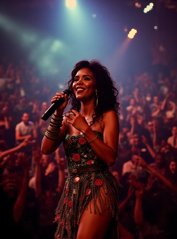 Daniela Mercury performing on stage at the Osmar circuit in Salvador, Bahia, wearing a colorful outfit and singing into a microphone.