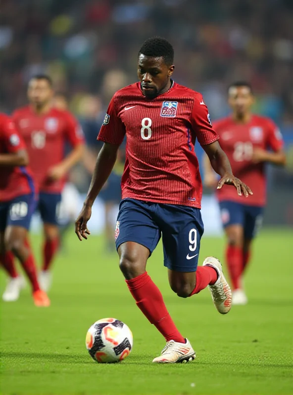 Close-up action shot of a Bahia player dribbling the ball during a Copa Libertadores match. The player is focused and determined, showcasing his skill and agility. The background is blurred, emphasizing the player's movement and the intensity of the game.