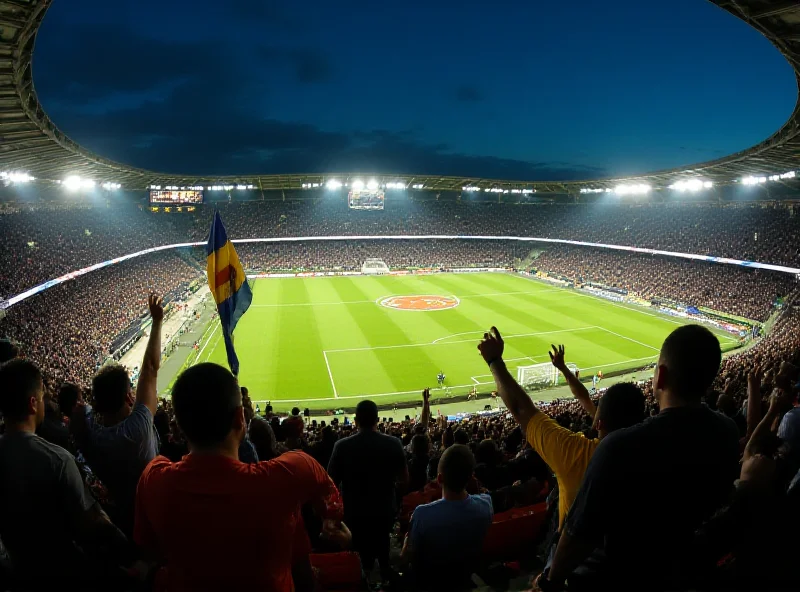 Panoramic view of a football stadium during a Copa Libertadores match. The stands are packed with passionate fans waving flags and cheering for their team. The atmosphere is electric, with bright lights illuminating the field and creating a sense of excitement.