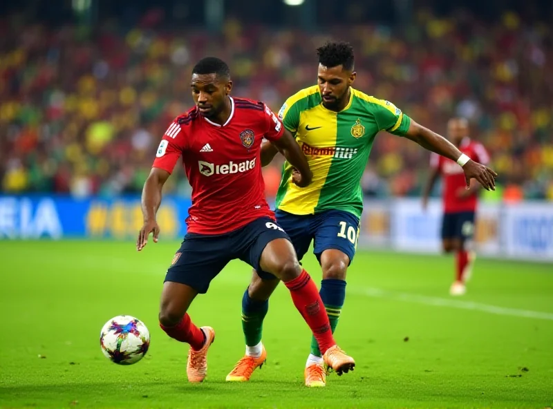 Soccer players battling for the ball during a Copa Libertadores match, vibrant stadium atmosphere