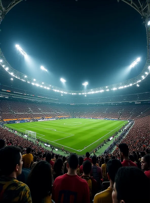 Wide shot of a packed soccer stadium at night, illuminated by bright floodlights, Copa Libertadores banner visible