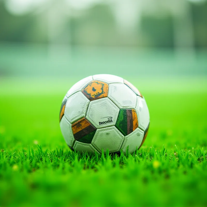 Close-up of a soccer ball with the Copa Libertadores logo on it, resting on the grass of a soccer field