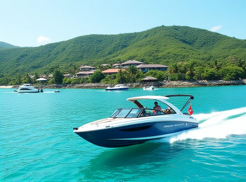 A modern water taxi cruising along the Balinese coastline with lush greenery in the background.