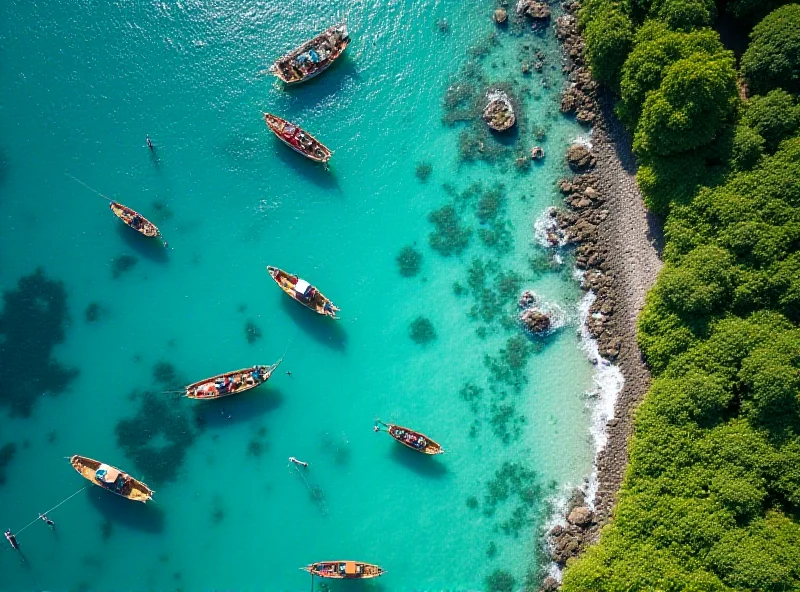 Aerial view of Bali coastline with traditional fishing boats and clear blue water.