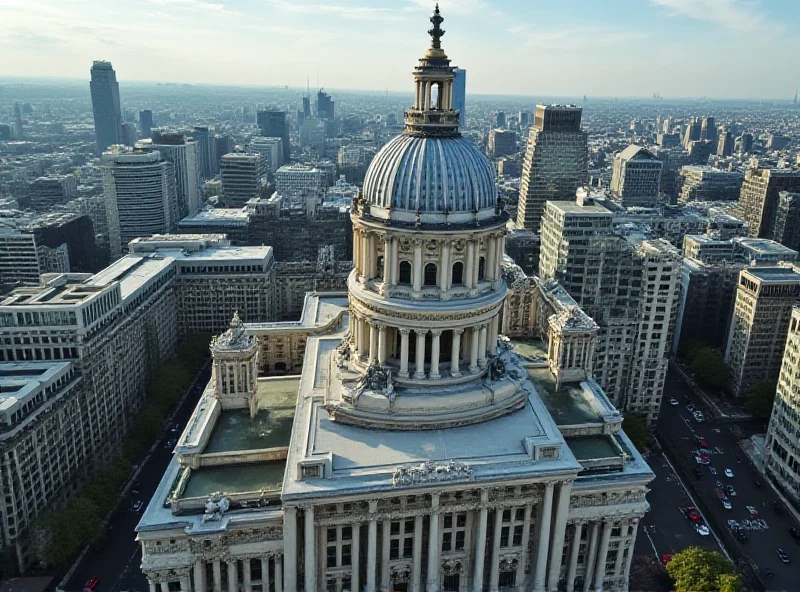 An aerial view of the Bank of England building in London, emphasizing its role in navigating the UK's economic future.