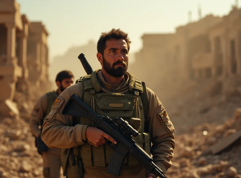 A determined-looking man in military gear stands in a war-torn Middle Eastern landscape.