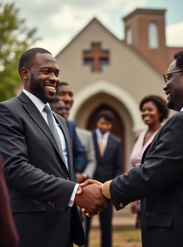 A smiling African man wearing a suit shakes hands with a church leader in front of a church building.