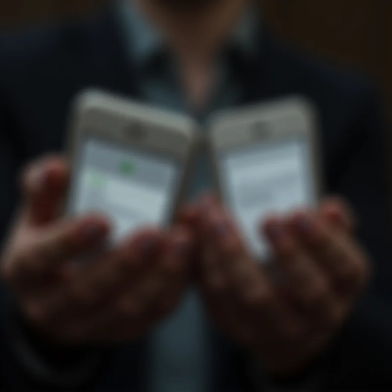 Close-up of hands holding smartphones, with text message bubbles displayed.