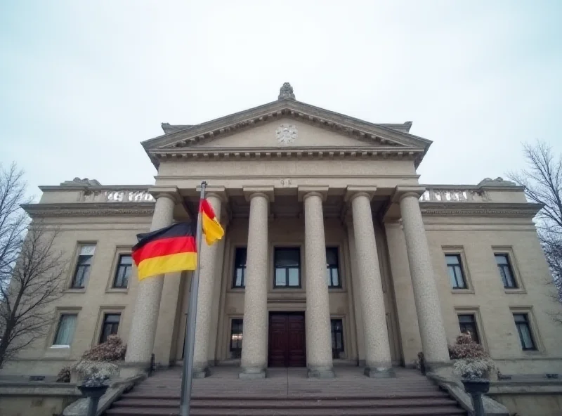 A courthouse exterior with German flags flying in front.