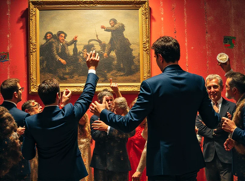 A vibrant and chaotic auction scene with a Banksy-style painting on display, capturing the energy and excitement of the event.