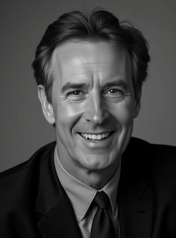 A black and white portrait of Henry Kelly, smiling warmly at the camera, capturing his friendly and approachable demeanor as a television host.