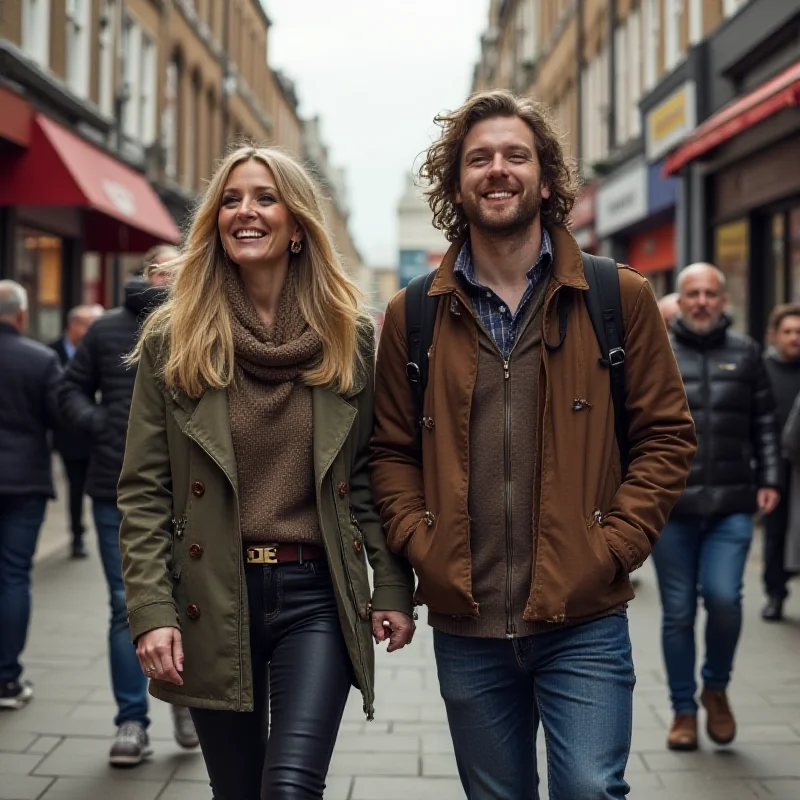 A paparazzi shot of Fearne Cotton and Elliot walking hand-in-hand, smiling and seemingly unconcerned about being photographed, capturing the early stages of their relationship.