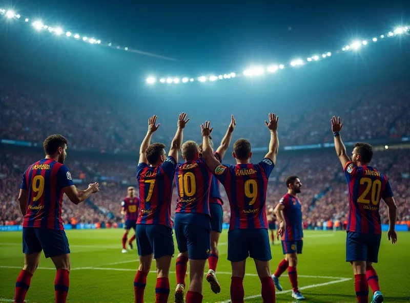 Soccer players celebrating a goal during a match at night under stadium lights.