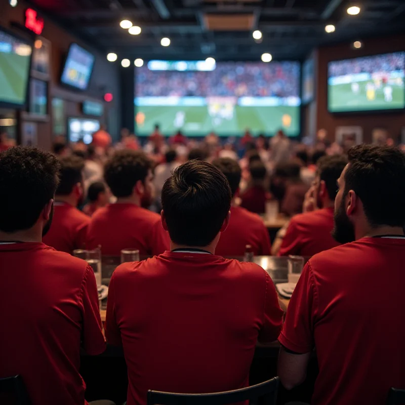 A diverse group of soccer fans wearing Barcelona jerseys watching a game with excitement and anticipation.