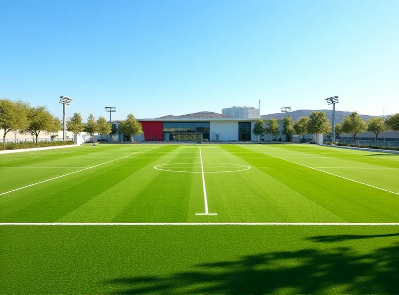 Exterior view of Barcelona football academy with training fields, sunny day