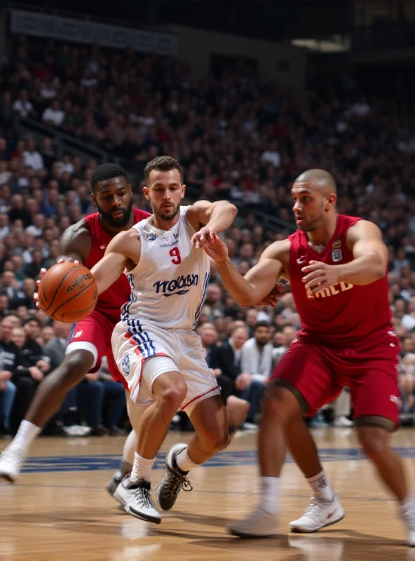 Action shot of a Euroleague basketball game between Real Madrid and FC Barcelona