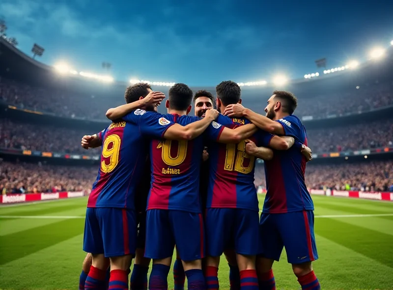 Barcelona team celebrating a goal on the field.